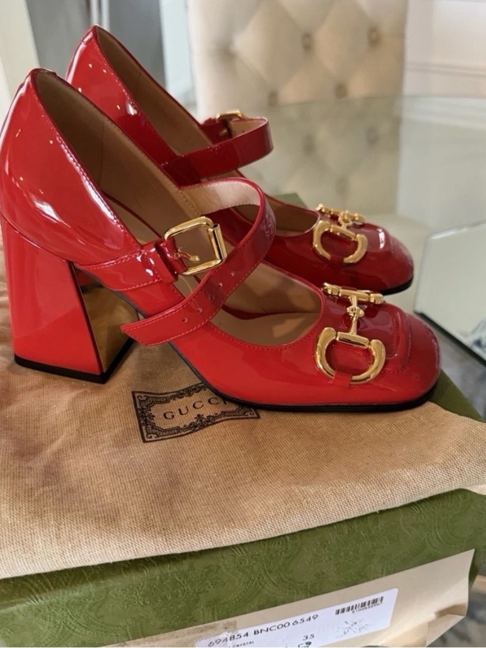 Gucci Red Patent Leather Mary Jane Block Heels with Gold Horsebit